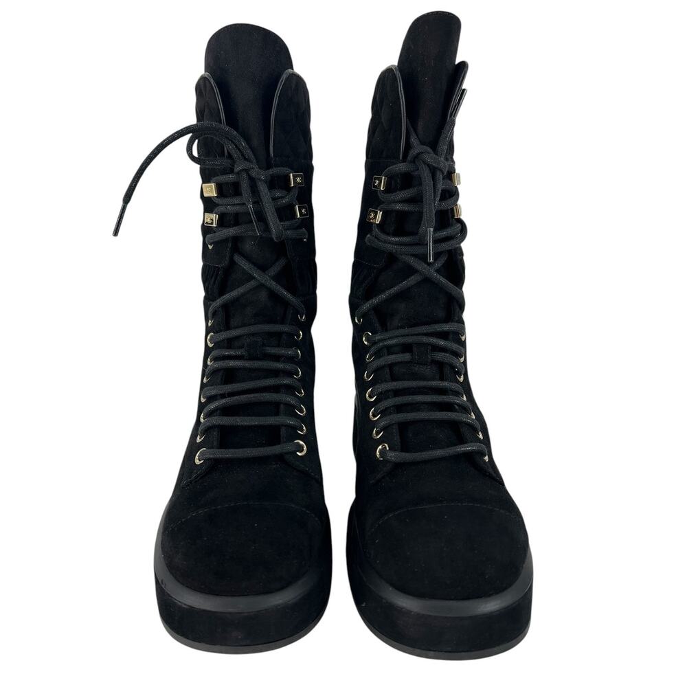 Chanel CC Suede Quilted Lace Up Combat Cap Toe Boots in Black - Picture 7 of 16